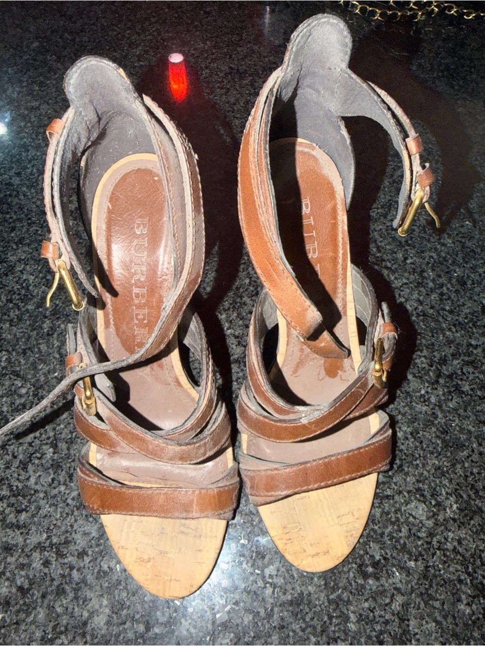 Burberry Brown Leather Strappy Cork-Style Heels
